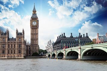 Image showing The Big Ben, the Houses of Parliament and Westminster Bridge in 