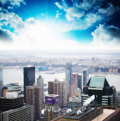 Image showing New York City - USA. Beautiful Skyscrapers aerial view at sunset