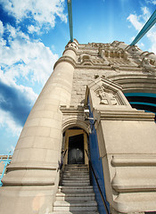 Image showing Powerful structure of Tower Bridge in London with clouds in the 