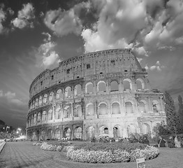 Image showing Dramatic sky above Colosseum in Rome. Night view of Flavian Amph