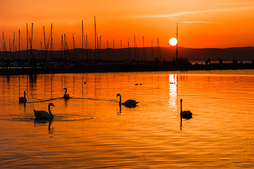 Image showing Sunset at the beach with red sky