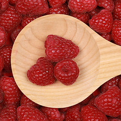 Image showing Raspberries on a wooden spoon