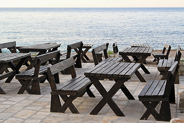 Image showing Seaside picnic tables