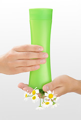 Image showing Hands of young woman holding cosmetics bottle and fresh chamomile