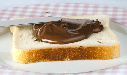 Image showing Liquid chocolate on a slice of bread