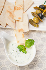 Image showing Greek Tzatziki yogurt dip and pita bread