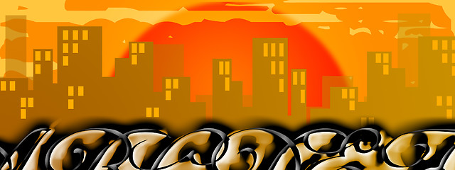 Image showing Cityscape graffito at sunset