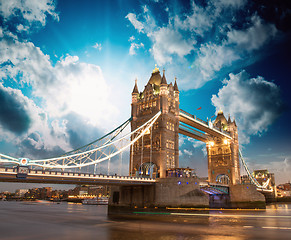 Image showing Beautiful sunset colors over famous Tower Bridge in London