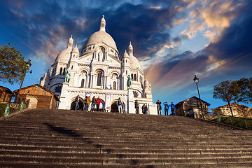 Image showing Beautiful sunset colors over Sacred Heart Cathedral in Montmartr