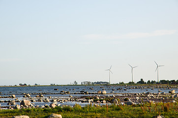 Image showing Windmills at coast