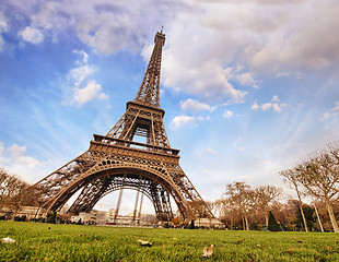 Image showing Paris. Wonderful wide angle view of Eiffel Tower from street lev