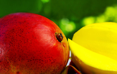 Image showing Sliced mango on green background