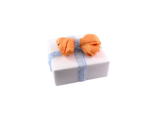 Image showing White box, bow and ribbon isolated on white background