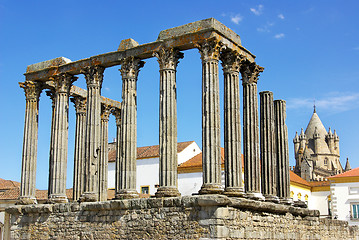 Image showing Roman temple and cathedral tower of Evora, Portugal.