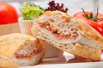 Image showing ciabatta panini sandwich with parma ham and tomato