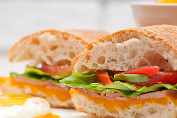 Image showing ciabatta panini sandwich eggs tomato lettuce