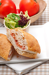 Image showing ciabatta panini sandwich with parma ham and tomato