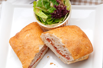 Image showing ciabatta panini sandwich with parma ham and tomato