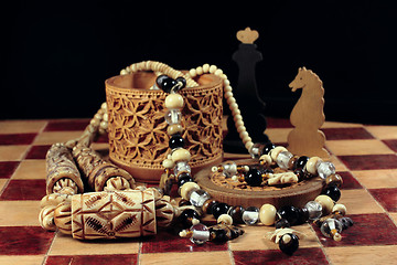 Image showing Chess, box from birch bark and a necklace