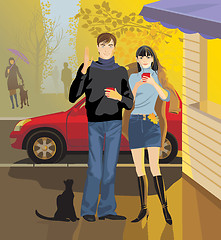 Image showing cup of coffee in a street cafe . boy and girl