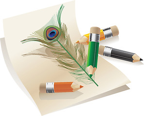 Image showing pencils and feather