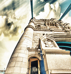 Image showing Powerful structure of Tower Bridge in London with clouds in the 