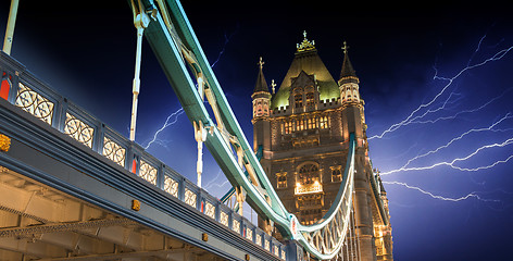 Image showing Storm over Tower Bridge at night - London