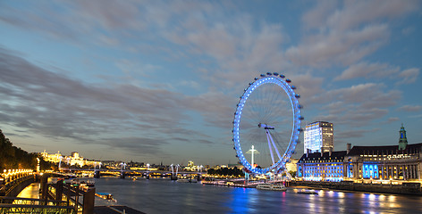 Image showing London Skyline at dusk from Westminster Bridge with illuminated 