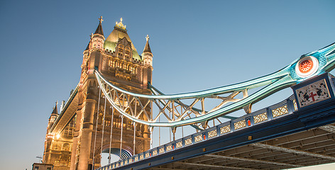 Image showing Wonderful colors and lights of Tower Bridge at Dusk - London