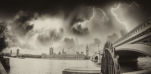 Image showing Beautiful wide angle view of Westminster Bridge and Houses of Pa