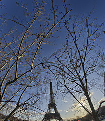 Image showing Panoramic view of living barge on the Seine in Paris with Eiffel