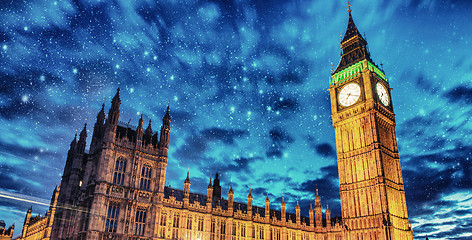 Image showing Big Ben and House of Parliament at dusk from Westminster Bridge 