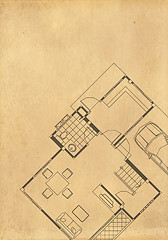 Image showing vintage architectural drawing, on grunge paper with some stains 