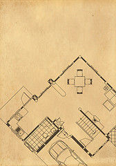 Image showing vintage architectural drawing, on grunge paper with some stains 