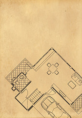 Image showing vintage architectural drawing, on grunge paper with some stains 