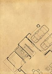 Image showing vintage architectural drawing, on grunge paper with some stains 