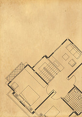 Image showing vintage architectural drawing, on grunge paper with some stains 