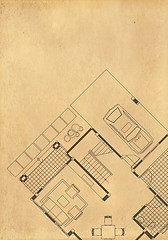 Image showing vintage architectural drawing, on grunge paper with some stains 