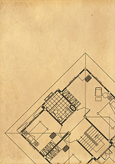 Image showing vintage architectural drawing, on grunge paper with some stains 