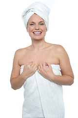 Image showing Caucasian woman wrapped in a towel