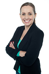 Image showing Middle aged woman posing against white background
