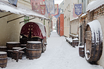 Image showing Street of Old Riga in snow day before Christmas