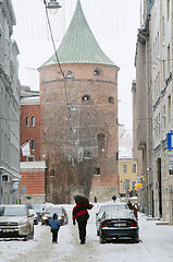 Image showing Street of Old Riga in snow day before Christmas