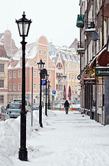 Image showing Street of Old Riga in snow day before Christmas
