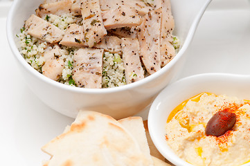 Image showing chicken taboulii couscous with hummus