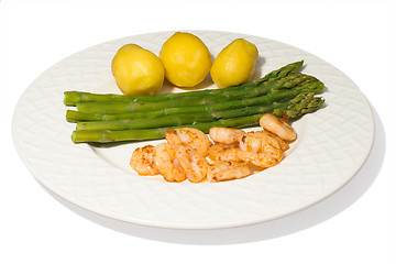 Image showing asparagus and shrimps