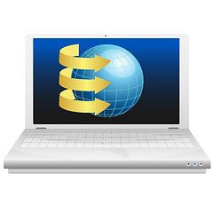 Image showing Laptop with blue globe and gold arrows