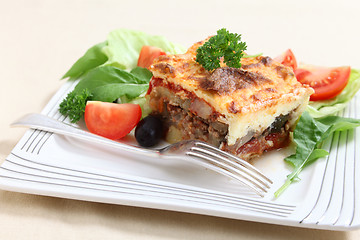 Image showing Moussaka and fork