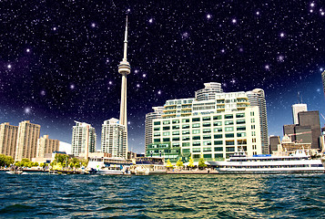 Image showing Beautiful night skyline of Toronto from Lake Ontario - Canada