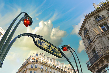 Image showing Metro station sign in Paris with beautiful background sky